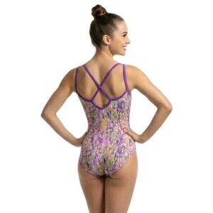 Satara VTG Pink Foiled Splotch Crossback Strappy Leotard Purple JS (AXS Petite)